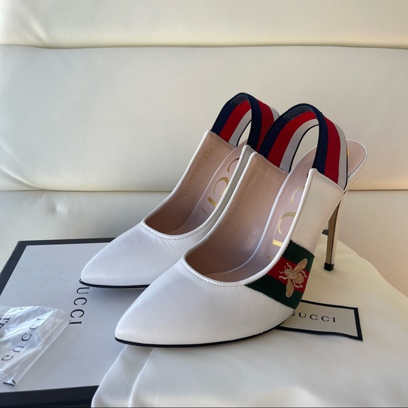 NIB Gucci White Leather Bee Embroidered Slingback Web Pumps 37EU/7US - Picture 4 of 10